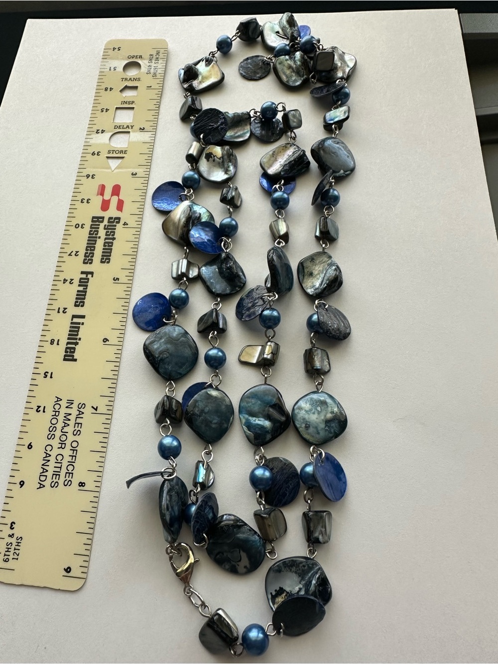 Handcrafted iridescent Blue Pearl Beaded Long Necklace